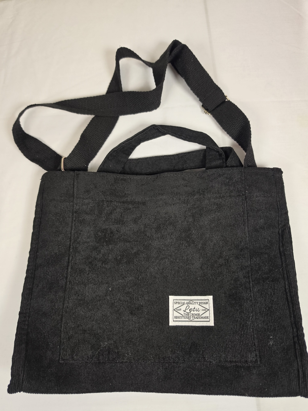 Black Corduroy Crossbody Tote Bag with Adjustable Strap - Unbranded